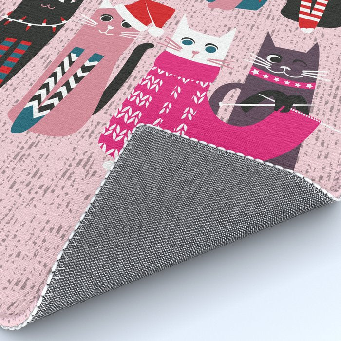 Feline Christmas vibes // pastel pink background green fuchsia pink white and black kittens Rug Gallery Image 4