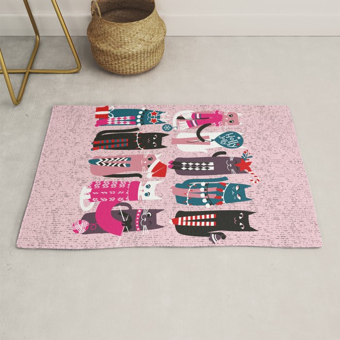 Feline Christmas vibes // pastel pink background green fuchsia pink white and black kittens Rug Gallery Image 1