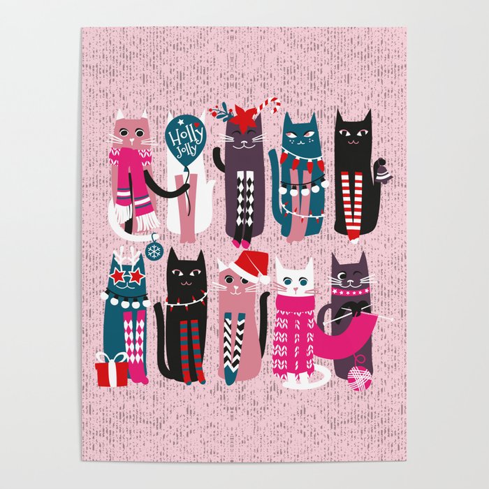 Feline Christmas vibes // pastel pink background green fuchsia pink white and black kittens Poster Gallery Image 4