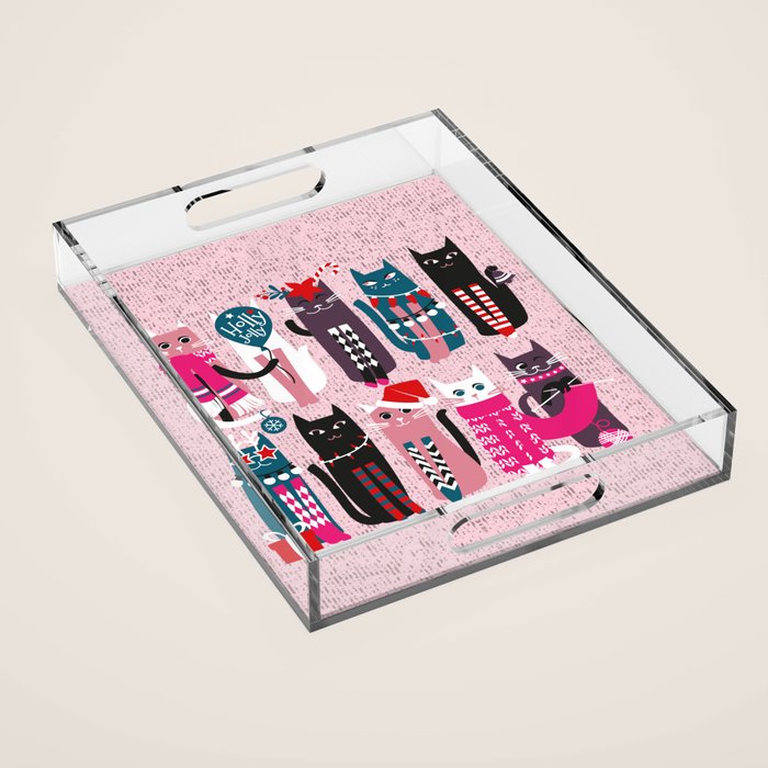 Feline Christmas vibes // pastel pink background green fuchsia pink white and black kittens Acrylic Tray Gallery Image 1
