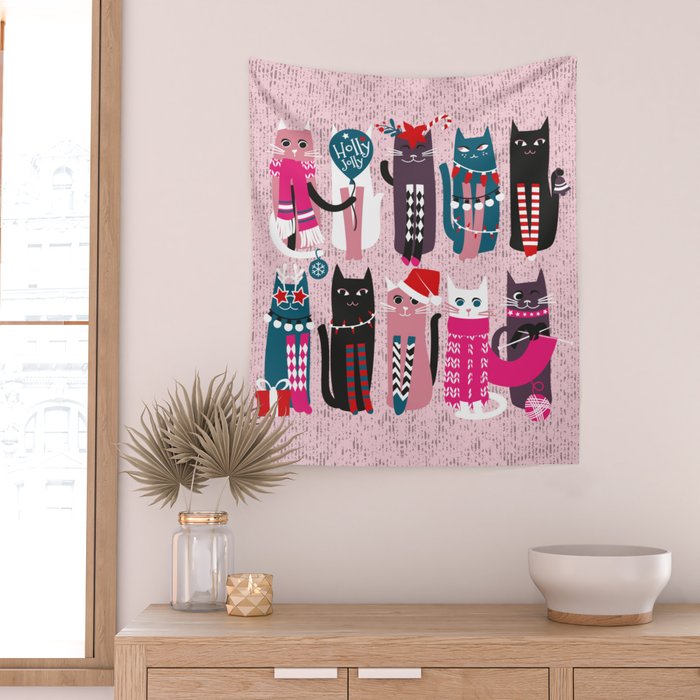 Feline Christmas vibes // pastel pink background green fuchsia pink white and black kittens Wall Tapestry Gallery Image 2