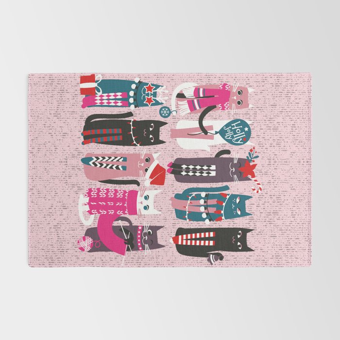 Feline Christmas vibes // pastel pink background green fuchsia pink white and black kittens Rug Gallery Image 2