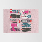 Feline Christmas vibes // pastel pink background green fuchsia pink white and black kittens Rug Gallery Image 2