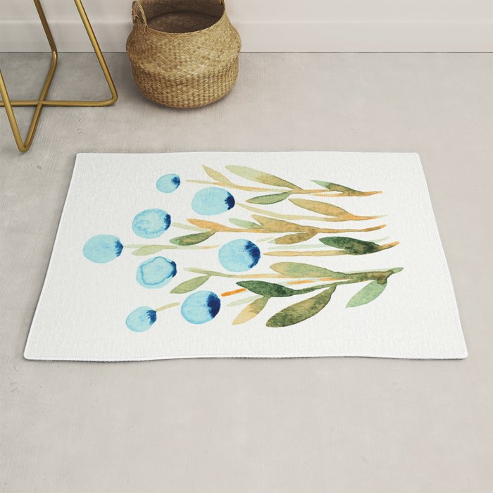 Simple watercolor flowers - blue and sap green Rug Gallery Image 1