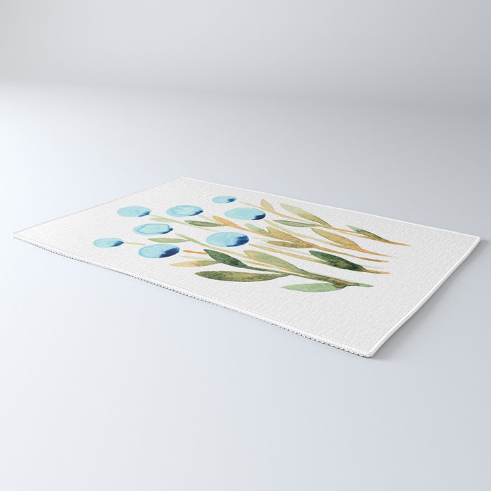 Simple watercolor flowers - blue and sap green Rug Gallery Image 3
