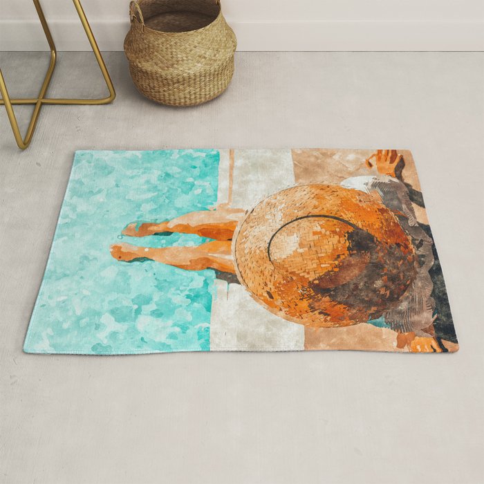 By The Pool All Day, Summer Travel Woman Swimming, Tropical Fashion Bohemian Painting Rug Gallery Image 1