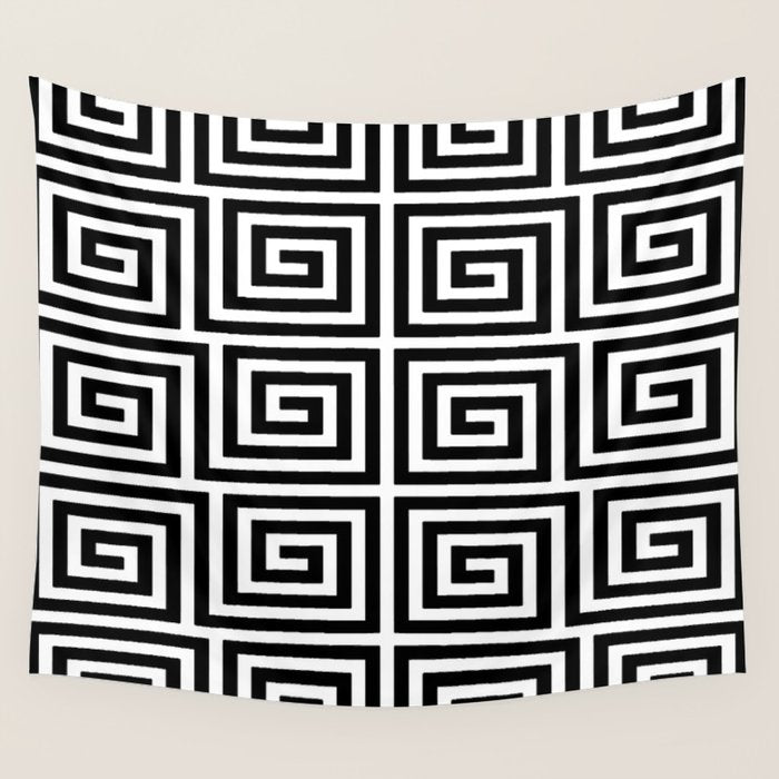 Greek Key Pattern 122 Black and White Wall Tapestry Gallery Image 1