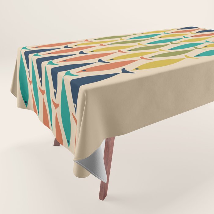 Midcentury Modern Multicolor Fish Stripe Pattern in Olive, Mustard, Orange, Teal, Beige Tablecloth Gallery Image 1