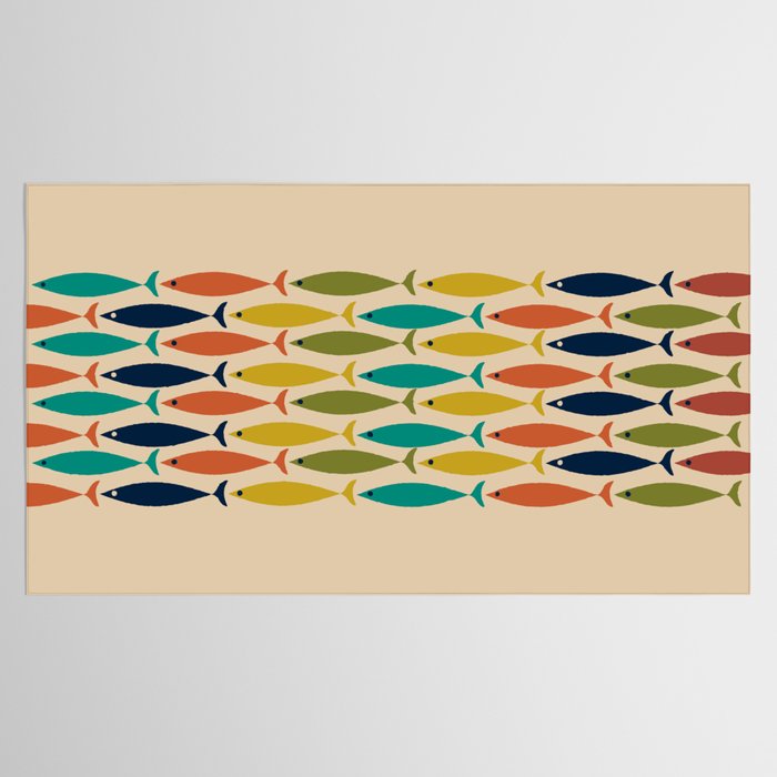 Midcentury Modern Multicolor Fish Stripe Pattern in Olive, Mustard, Orange, Teal, Beige Tablecloth Gallery Image 2