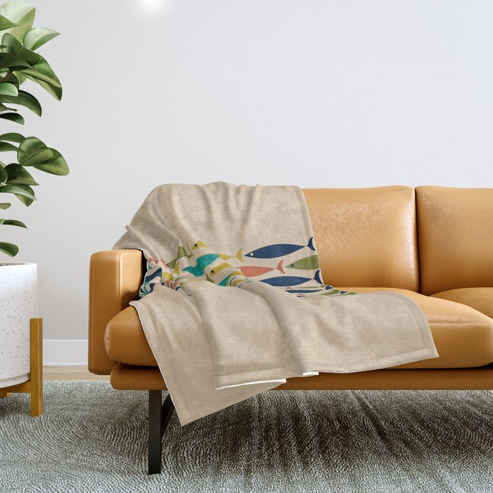 Midcentury Modern Multicolor Fish Stripe Pattern in Olive, Mustard, Orange, Teal, Beige Throw Blanket Gallery Image 1