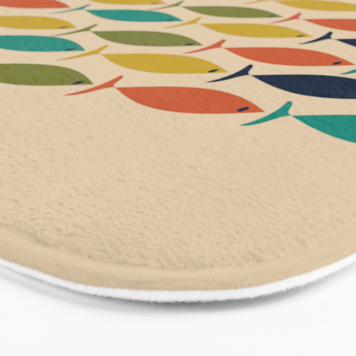 Midcentury Modern Multicolor Fish Stripe Pattern in Olive, Mustard, Orange, Teal, Beige Bath Mat Gallery Image 3