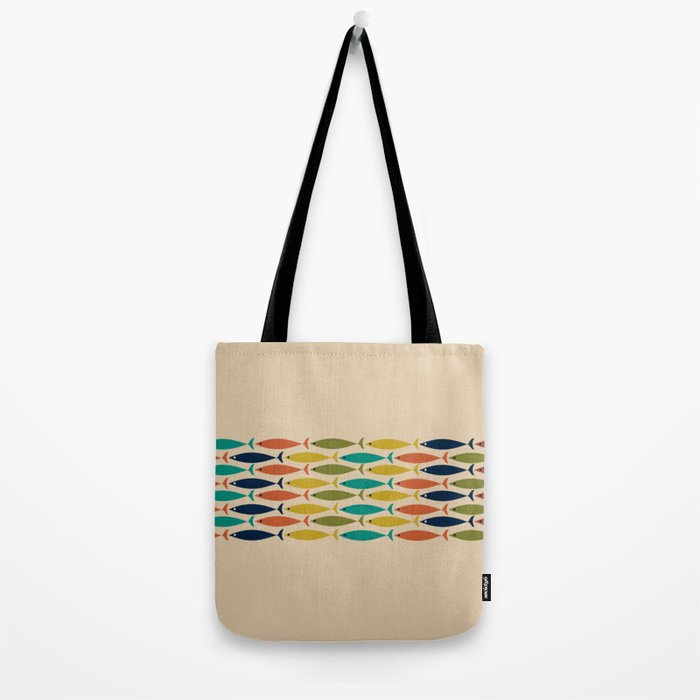 Midcentury Modern Multicolor Fish Stripe Pattern in Olive, Mustard, Orange, Teal, Beige Tote Bag Gallery Image 2