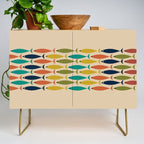 Midcentury Modern Multicolor Fish Stripe Pattern in Olive, Mustard, Orange, Teal, Beige Credenza Gallery Image 1