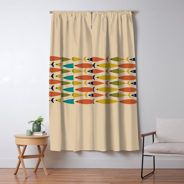 Midcentury Modern Multicolor Fish Stripe Pattern in Olive, Mustard, Orange, Teal, Beige Window Curtain Gallery Image 1
