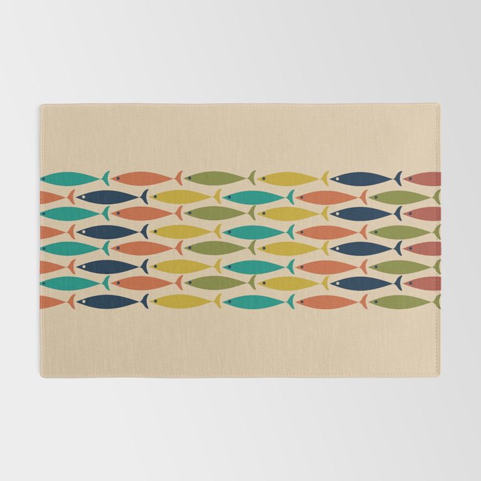 Midcentury Modern Multicolor Fish Stripe Pattern in Olive, Mustard, Orange, Teal, Beige Rug Gallery Image 2