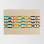 Midcentury Modern Multicolor Fish Stripe Pattern in Olive, Mustard, Orange, Teal, Beige Rug Gallery Image 2