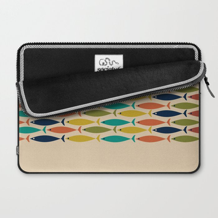 Midcentury Modern Multicolor Fish Stripe Pattern in Olive, Mustard, Orange, Teal, Beige Laptop Sleeve Gallery Image 2