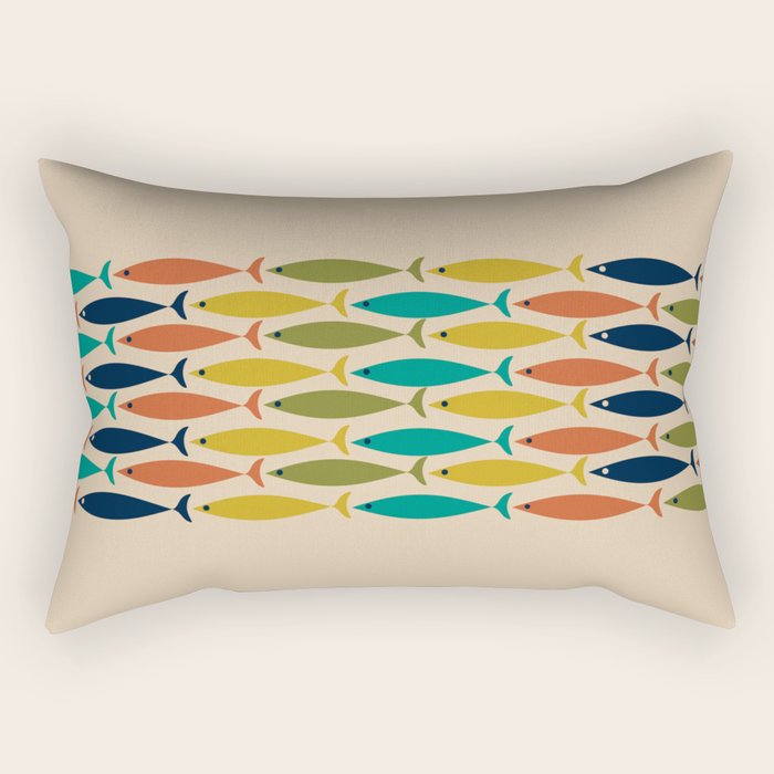 Midcentury Modern Multicolor Fish Stripe Pattern in Olive, Mustard, Orange, Teal, Beige Rectangular Pillow Gallery Image 2