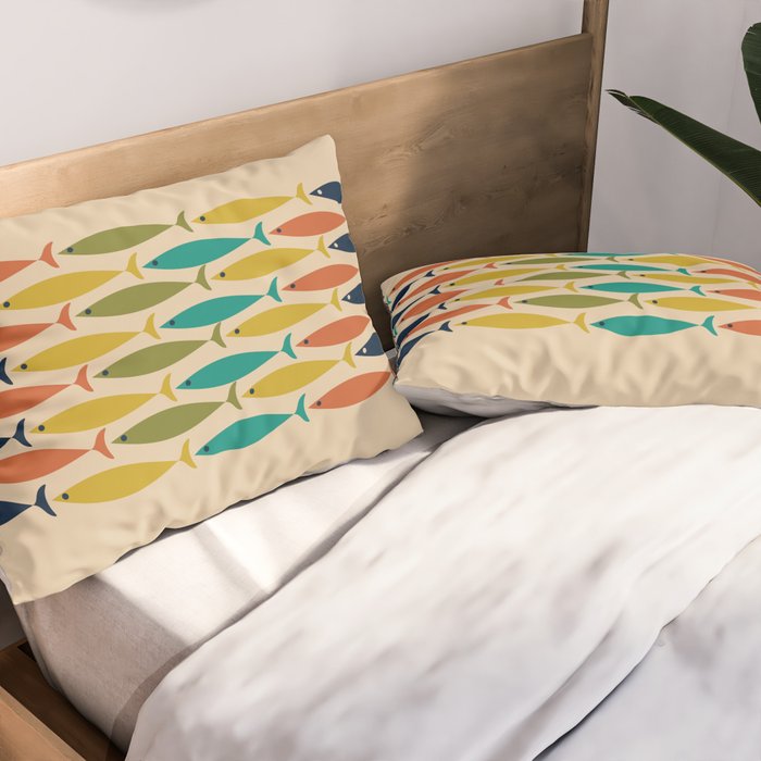 Midcentury Modern Multicolor Fish Stripe Pattern in Olive, Mustard, Orange, Teal, Beige Pillow Sham Gallery Image 2