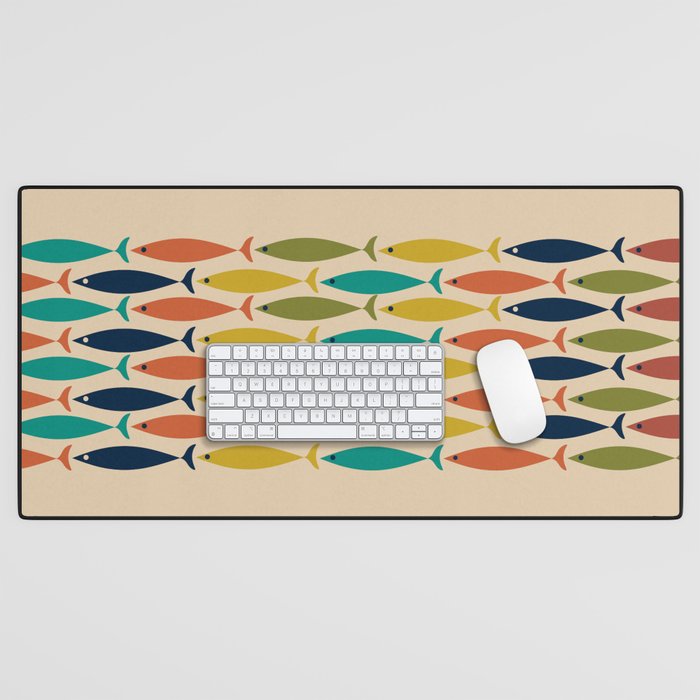 Midcentury Modern Multicolor Fish Stripe Pattern in Olive, Mustard, Orange, Teal, Beige Desk Mat Gallery Image 1