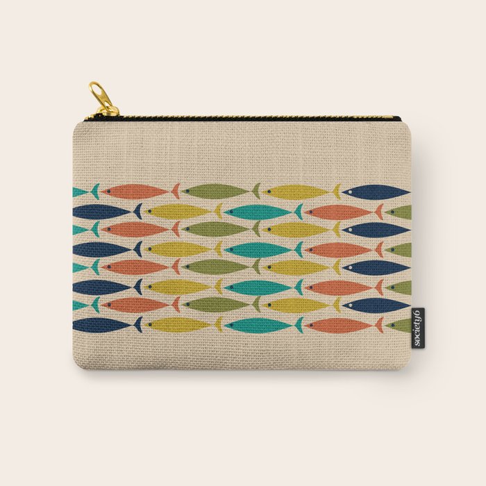 Midcentury Modern Multicolor Fish Stripe Pattern in Olive, Mustard, Orange, Teal, Beige Carry All Pouch Gallery Image 1