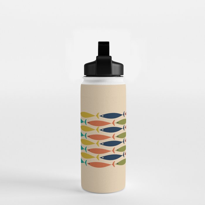 Midcentury Modern Multicolor Fish Stripe Pattern in Olive, Mustard, Orange, Teal, Beige Water Bottle Gallery Image 2