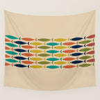 Midcentury Modern Multicolor Fish Stripe Pattern in Olive, Mustard, Orange, Teal, Beige Wall Tapestry Gallery Image 4