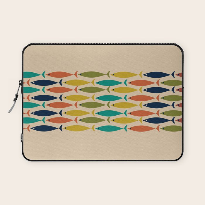 Midcentury Modern Multicolor Fish Stripe Pattern in Olive, Mustard, Orange, Teal, Beige Laptop Sleeve Gallery Image 1