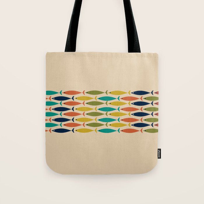 Midcentury Modern Multicolor Fish Stripe Pattern in Olive, Mustard, Orange, Teal, Beige Tote Bag Gallery Image 1
