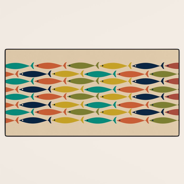 Midcentury Modern Multicolor Fish Stripe Pattern in Olive, Mustard, Orange, Teal, Beige Desk Mat Gallery Image 3