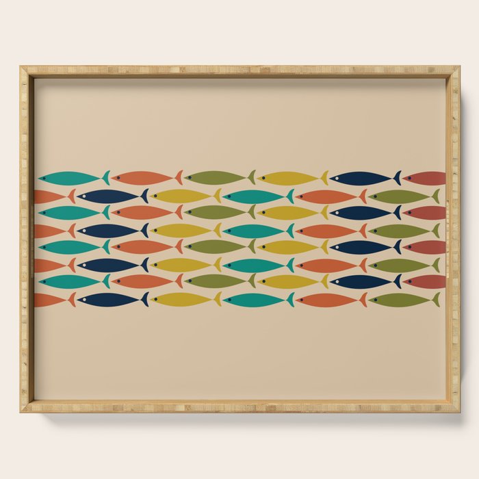 Midcentury Modern Multicolor Fish Stripe Pattern in Olive, Mustard, Orange, Teal, Beige Serving Tray Gallery Image 1