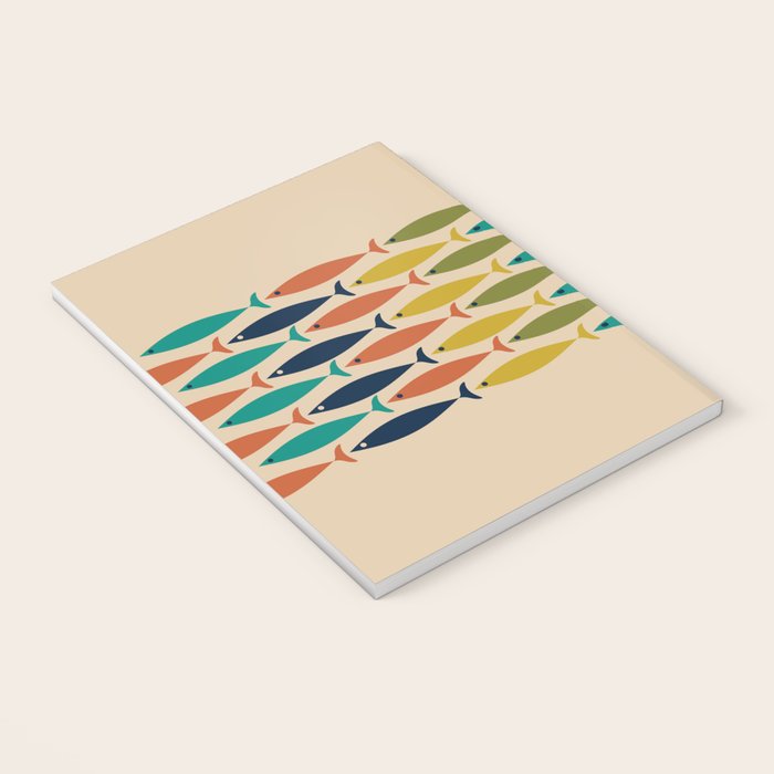 Midcentury Modern Multicolor Fish Stripe Pattern in Olive, Mustard, Orange, Teal, Beige Notebook Gallery Image 3