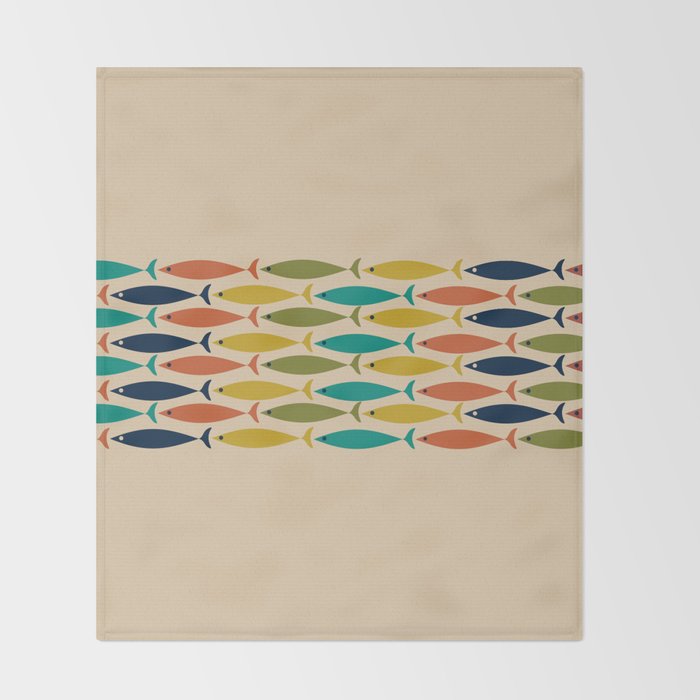 Midcentury Modern Multicolor Fish Stripe Pattern in Olive, Mustard, Orange, Teal, Beige Throw Blanket Gallery Image 2