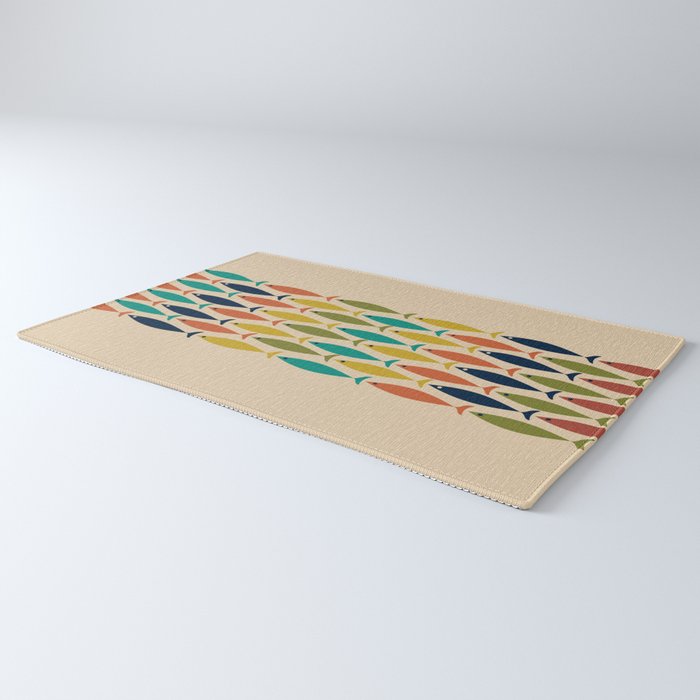 Midcentury Modern Multicolor Fish Stripe Pattern in Olive, Mustard, Orange, Teal, Beige Rug Gallery Image 3