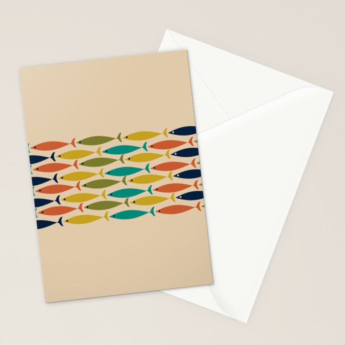 Midcentury Modern Multicolor Fish Stripe Pattern in Olive, Mustard, Orange, Teal, Beige Stationery Card Gallery Image 2