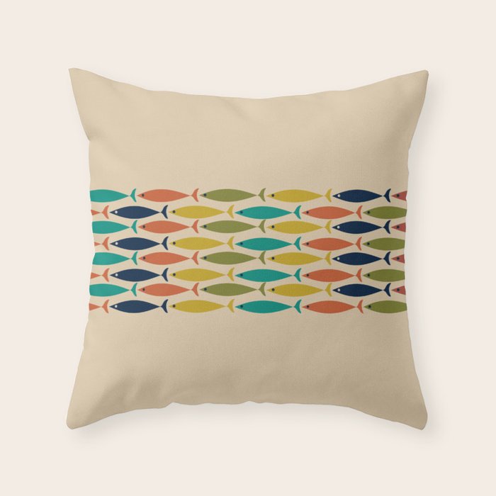 Midcentury Modern Multicolor Fish Stripe Pattern in Olive, Mustard, Orange, Teal, Beige Throw Pillow Gallery Image 1