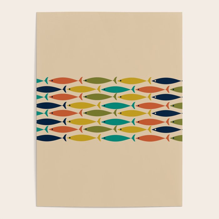Midcentury Modern Multicolor Fish Stripe Pattern in Olive, Mustard, Orange, Teal, Beige Poster Gallery Image 1