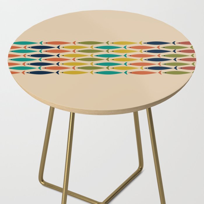 Midcentury Modern Multicolor Fish Stripe Pattern in Olive, Mustard, Orange, Teal, Beige Side Table Gallery Image 2