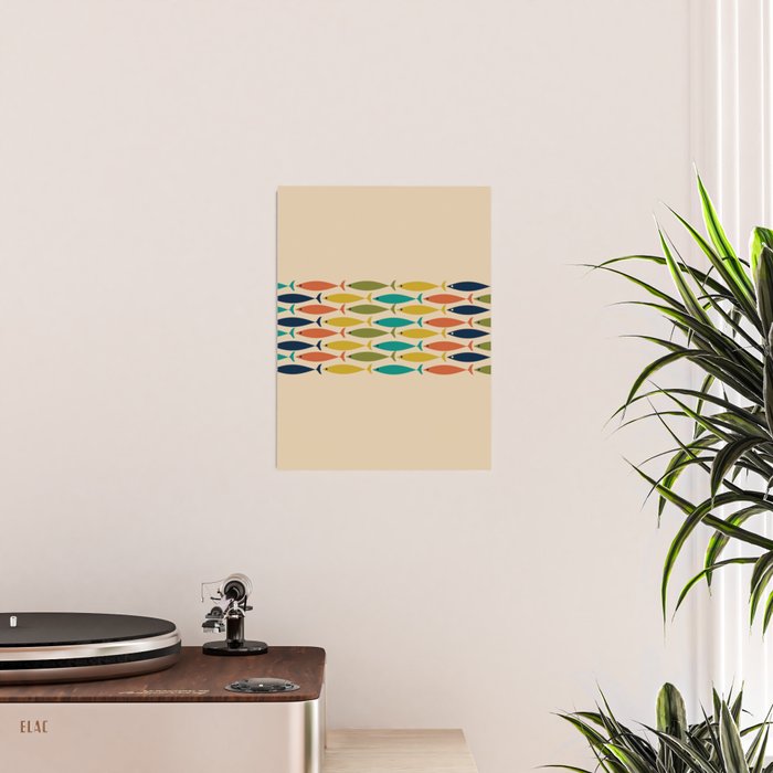 Midcentury Modern Multicolor Fish Stripe Pattern in Olive, Mustard, Orange, Teal, Beige Poster Gallery Image 2