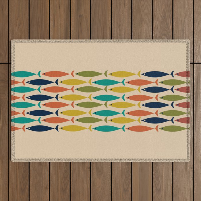 Midcentury Modern Multicolor Fish Stripe Pattern in Olive, Mustard, Orange, Teal, Beige Outdoor Rug Gallery Image 1