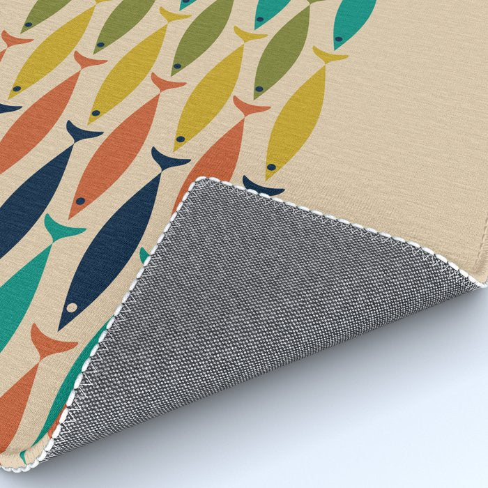 Midcentury Modern Multicolor Fish Stripe Pattern in Olive, Mustard, Orange, Teal, Beige Rug Gallery Image 4