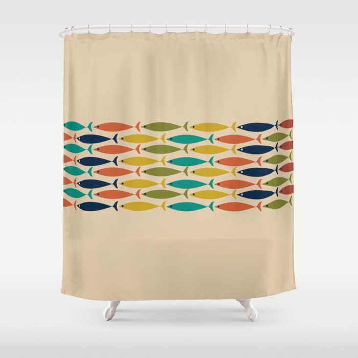 Midcentury Modern Multicolor Fish Stripe Pattern in Olive, Mustard, Orange, Teal, Beige Shower Curtain Gallery Image 1