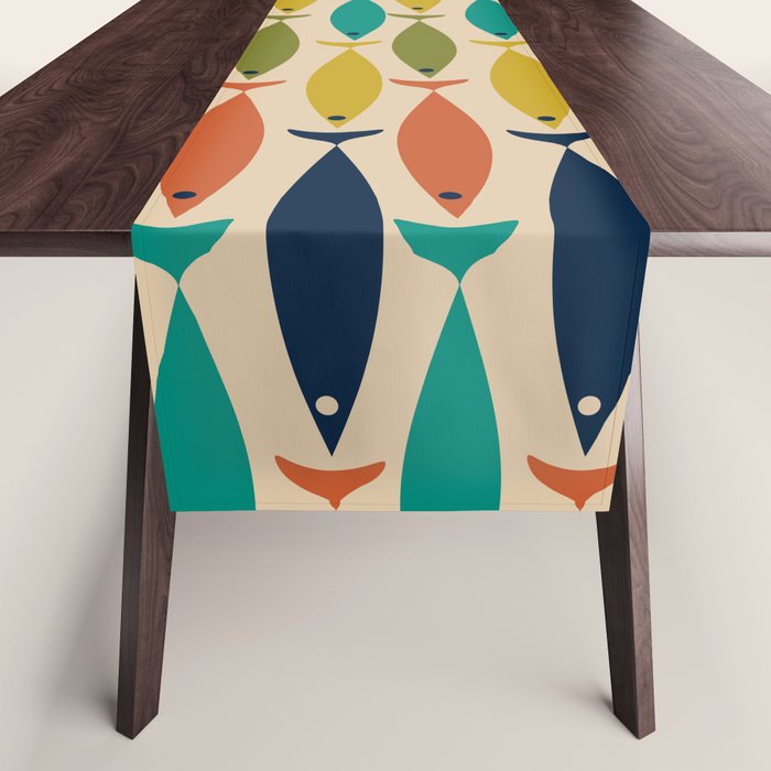 Midcentury Modern Multicolor Fish Stripe Pattern in Olive, Mustard, Orange, Teal, Beige Table Runner Gallery Image 1