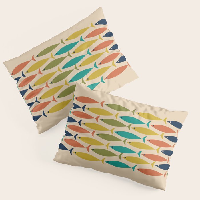 Midcentury Modern Multicolor Fish Stripe Pattern in Olive, Mustard, Orange, Teal, Beige Pillow Sham Gallery Image 1