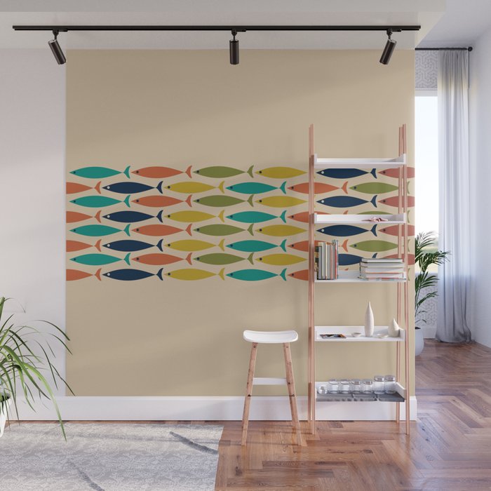 Midcentury Modern Multicolor Fish Stripe Pattern in Olive, Mustard, Orange, Teal, Beige Wall Mural Gallery Image 1