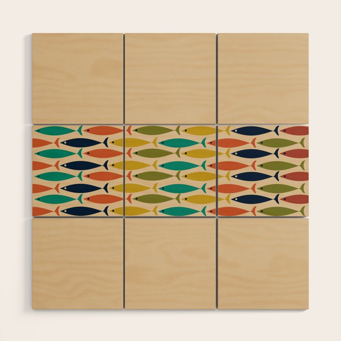 Midcentury Modern Multicolor Fish Stripe Pattern in Olive, Mustard, Orange, Teal, Beige Wood Wall Art Gallery Image 1