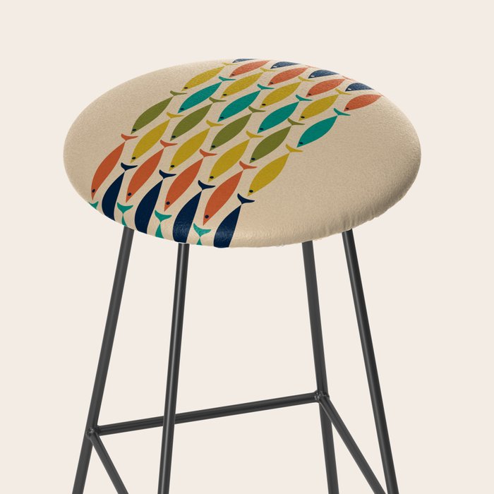 Midcentury Modern Multicolor Fish Stripe Pattern in Olive, Mustard, Orange, Teal, Beige Stool Gallery Image 2
