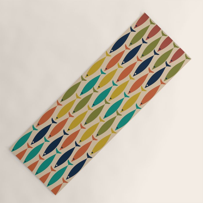 Midcentury Modern Multicolor Fish Stripe Pattern in Olive, Mustard, Orange, Teal, Beige Yoga Mat Gallery Image 1
