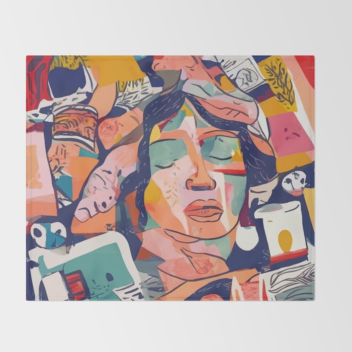 Peace in Chaos, Abstract Face Human Boho Humanity, Eclectic Collage Contemporary Concept Mindset Throw Blanket Gallery Image 2