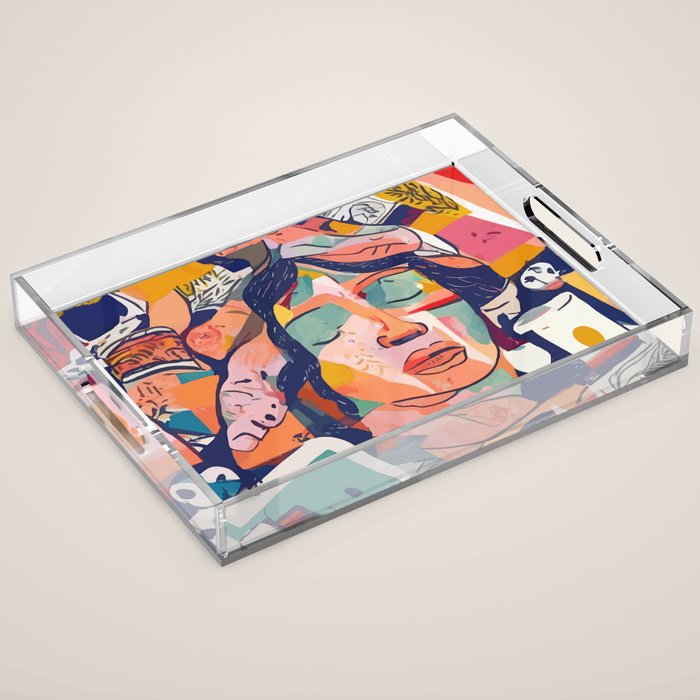 Peace in Chaos, Abstract Face Human Boho Humanity, Eclectic Collage Contemporary Concept Mindset Acrylic Tray Gallery Image 1